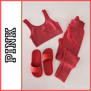 Pink Victoria's Secret HIGH WAIST FULL LENGTH Jogger Tie Legging Sports Bra Red.